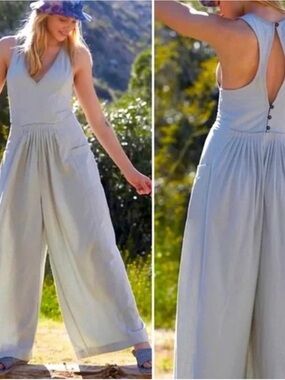 Free People Light Gray Sleeveless Wide-Leg Jumpsuit